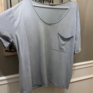 Zenana Outfitters Sky Blue V-Neck Tee with Pocket L oversized